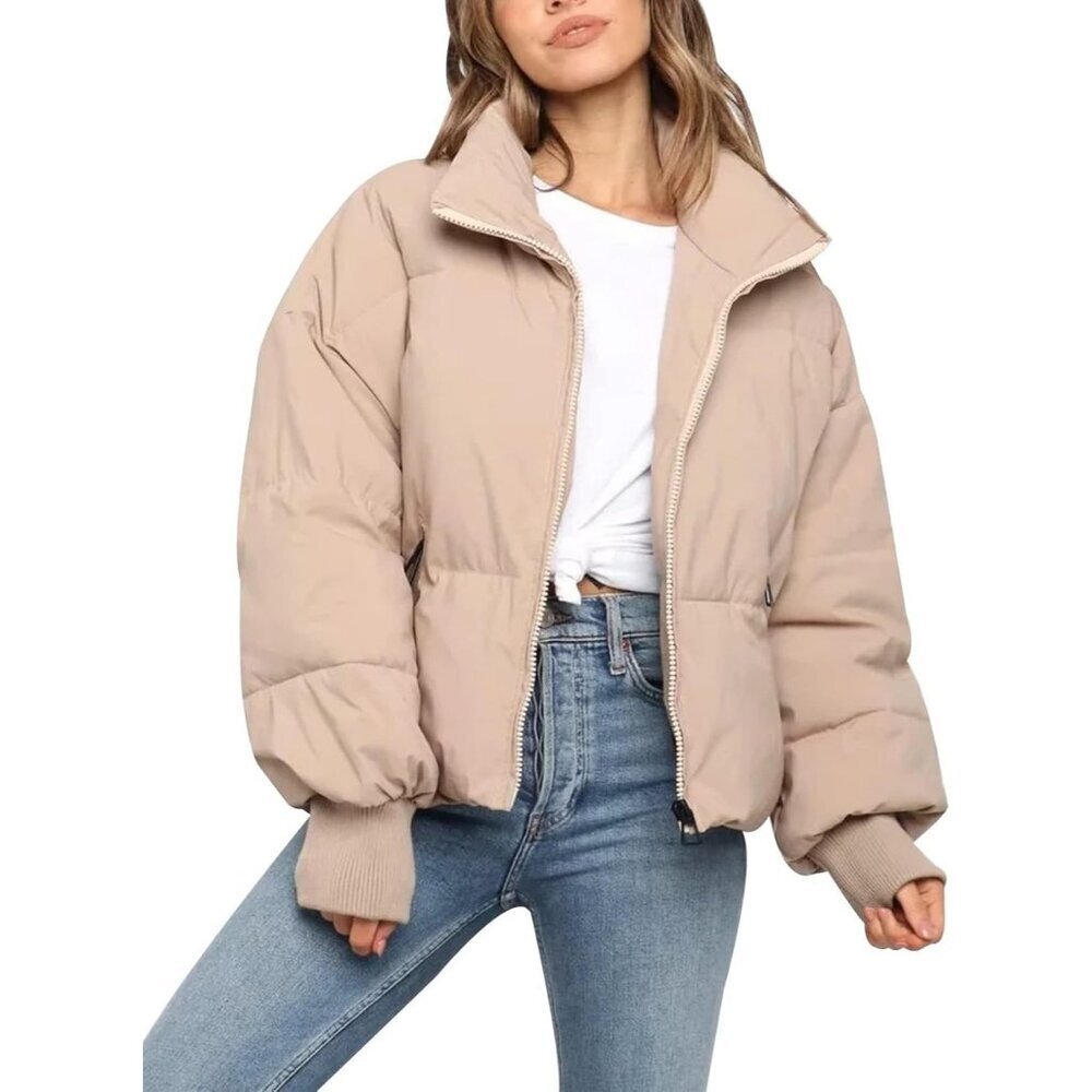 Women's Khaki Winter Cropped Puffer Jacket Coat Short Warm Quilted 2026
